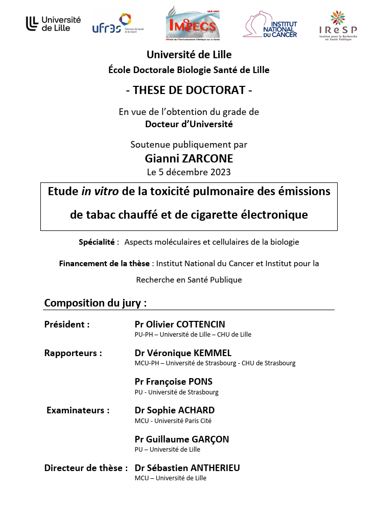 These du Dr Gianni ZARCONE sur l'étude in vitro de la toxicité pulmonaire du tabac chauffé et de la cigarette électronique